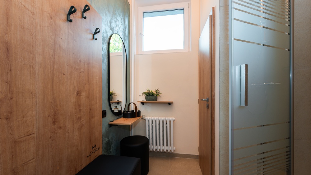 privátní fitness, koupelna, dřevěný nábytek 